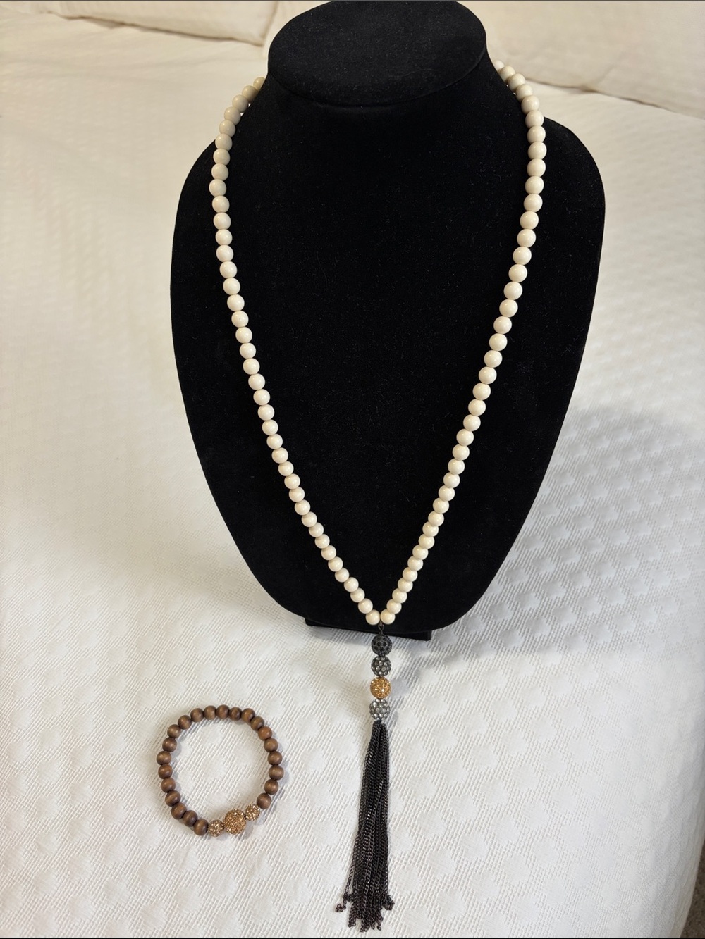 Stella & Dot Revival Cream Beaded Necklace with Black Tassel